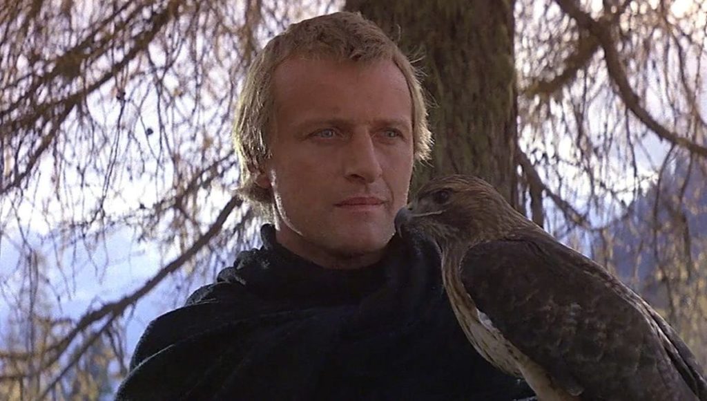 Rutger Hauer nel film Ladyhawke, uomo con un falco, dietro alberi.