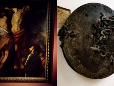 A Sinistra Caravaggio con LA CROCIFISSIONE DI SANT'ANDREAa destra: Theimer Ivan con MEDUSA SCUDO